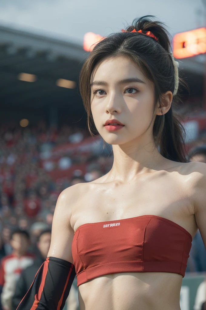 (((best quality))),(((ultra detailed))),(((masterpiece))),illustration,((1 beautiful girl,female footballer,solo)),((small breasts,flat chest)),((slim,thin)),summer night,stadium,crowded stands,enthusiastic spectators,football match,(short ponytail:1.2),((strapless red bra)),(football:1.3),fluid movements,powerful,sweat,forehead,exhaustion,passion for football,purposeful running,electric atmosphere,crowd roar,critical juncture,pressure,undeterred,floodlights,luminous glow,long shadows,drama,breathtaking sight,raw passion,unbridled energy,determination,skill,embodiment of sport's spirit,strength,resilience of human spirit,(standing:1.3),((from front,close-up of face))