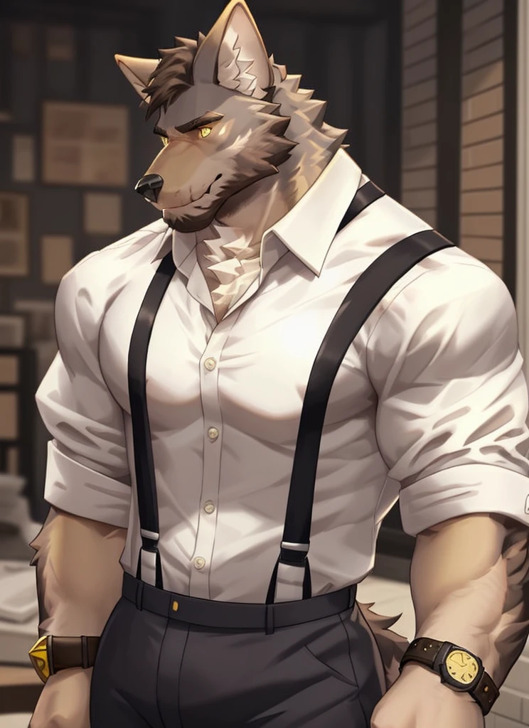 william adler, solo, shirt, 1boy, white shirt, upper body, male focus, collared shirt, pants, looking to the side, suspenders, pectorals, sleeves rolled up, watch, wristwatch, wolf ears, beard, yellow eyes, detailed eyes