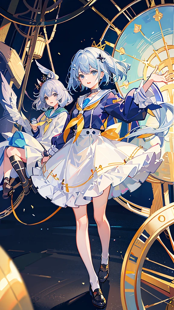 The background is an amusement park、Merry-go-round、Coffee cup、Crystal clear light blue hair、Her hair is gradated and white from the hairline to the middle.、Hair length is up to the knees、A shiny, light blue sailor suit、The hair ornament is glittering gold.、Silver hair ornament、She has big breasts、Adult face、