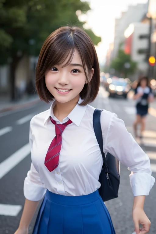 Highest quality、Ultra-detailed、masterpiece、Realistic、Photo realistic、One Girl、(cute17歳の少女、Small Head)、(cute:1.2)、Big smile、(Brown Hair、Short Bob Hair)、目は茶色inす、perfect glossy skin、((Slender))、((Perfect body))、Model pose、Accurate depiction、Perfect Face、in 、White shirt、Blue Skirt、Red tie、Big ample breasts、pants、Running towards us、Coming to school、Bright lighting、Blur the background