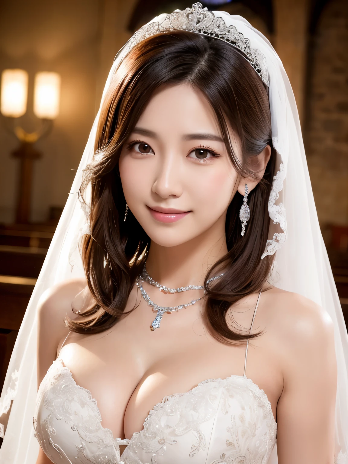 ((Highest quality)), Realistic, Very detailed, In detail, ((High resolution)), 8K,((smile)),(cowboy shot),Beautiful, well-shaped eyes,(Korean women),((Idol,gravure,)),Beautiful Skin,Detailed face,(Glamour),short hair,Brunette colored hair,20th Generation,Glamour system,Bust size: 87cm,Neat stenosis,((Chapel,Wedding hall))、necklace、Earrings