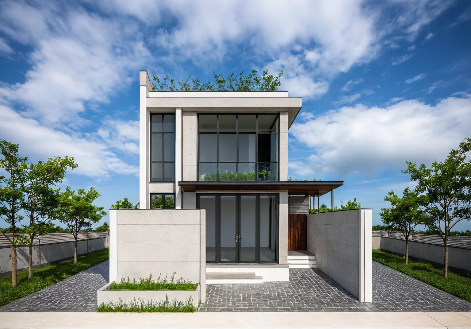 masterpiece, High Quality, best quality, true, super detailed, out side, one-story villa, yay, yaygroup, stone walling, phong cách ngôi nhà hiện đại trên sugar phố, cầu thang, white wall, sugar, pavement, grass, plant, firmament, cloud, (daylight :1.1)