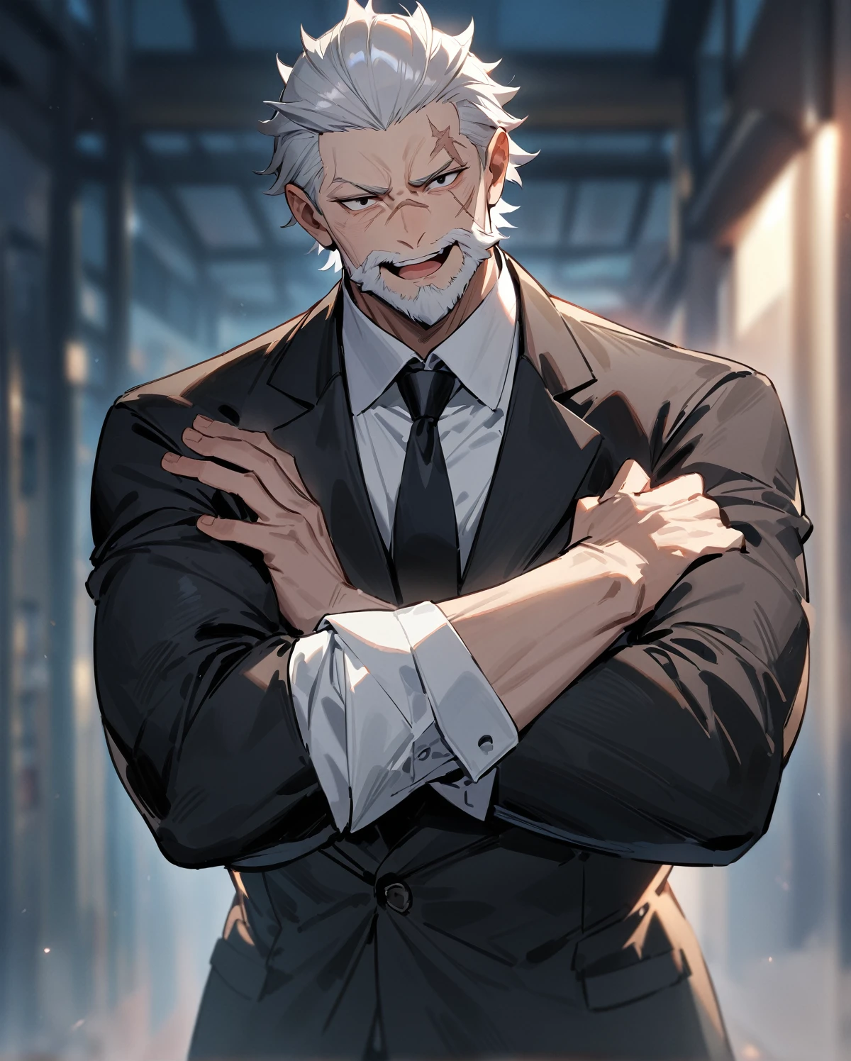 masterpiece, best quality, very aesthetic, absurdres, 1man, old man, solo, silver hair, very short hair, slicked back hair, spiky hair, black eyes, beared, white beared, black jacket, white shirt, collared shirt, black necktie, smile, open mouth, upper teeth, brawny, cross arms, scar, face scar, looking at viewer, cowboy shot