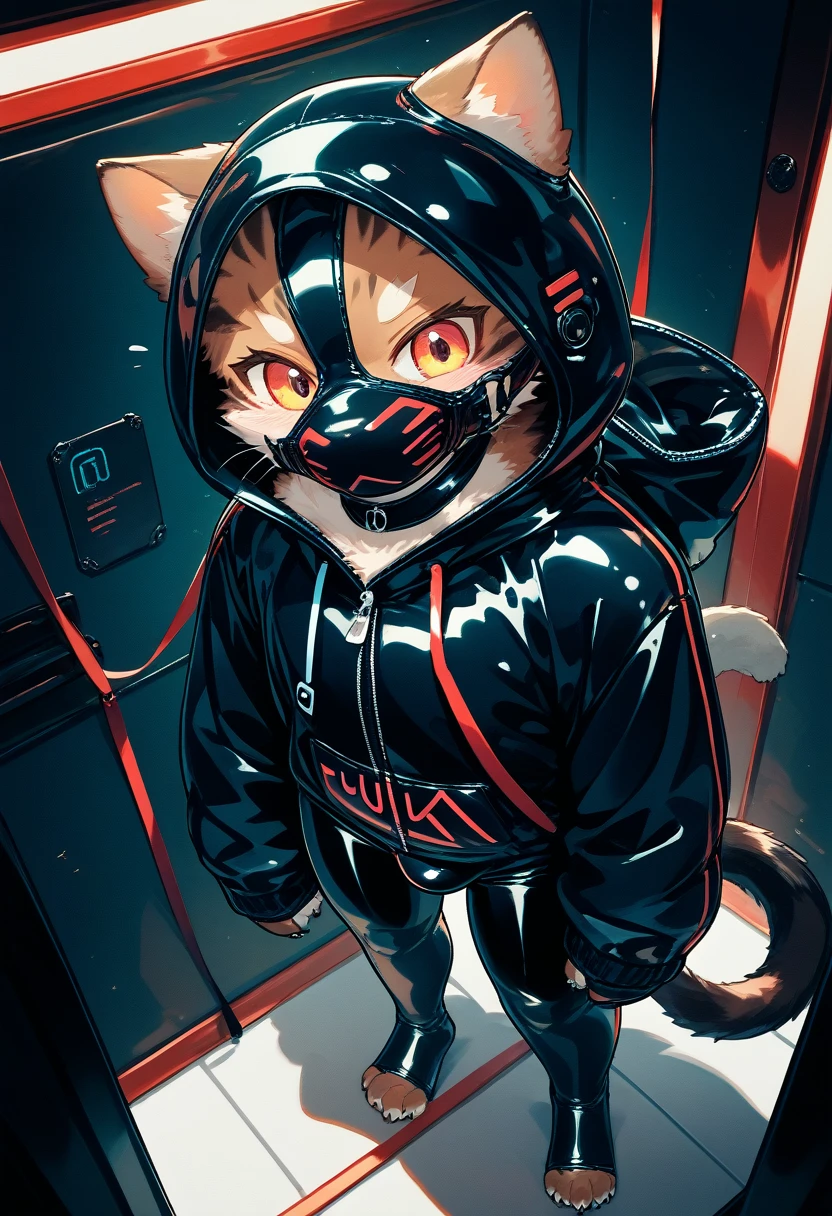 Highest quality, Highest quality, High quality illustrations, masterpiece, Ultra-high resolution, Detailed Background, Games Room, Absurd, Perfect Anatomy, performance, Good lighting, Shadows in the movies(kemono, Furry PersonifiCation), Cat, Dark Skin, Rubber suit, Rubber suit, latex, neon, neonライト, neonカラー, Rubber spats, Rubber Hoodie, Rubber mask, ribbon, Embarrassing, Null bulge, male, juvenile, From above