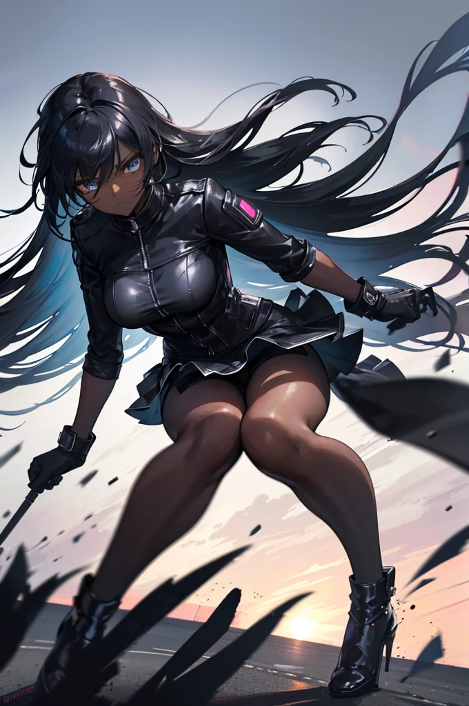 a dark-skinned girl riding a motorcycle, short skirt, long legs, high heels, flowing hair, speed motion blur, dramatic lighting, cinematic, 8k, hyper-realistic, photorealistic, detailed facial features, sharp focus, vibrant colors, dramatic shadows, sense of movement, moody atmosphere, gritty urban setting, detailed background