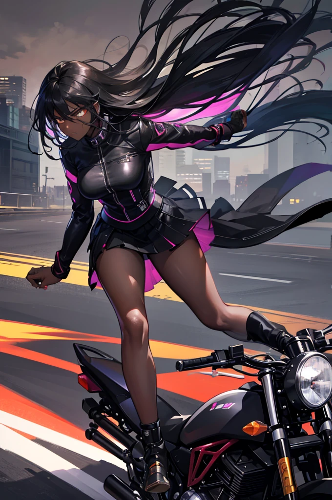 a dark-skinned girl riding a motorcycle, short skirt, long legs, high heels, flowing hair, speed motion blur, dramatic lighting, cinematic, 8k, hyper-realistic, photorealistic, detailed facial features, sharp focus, vibrant colors, dramatic shadows, sense of movement, moody atmosphere, gritty urban setting, detailed background