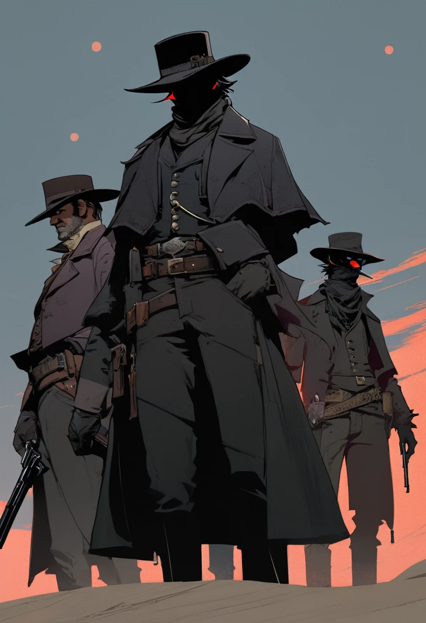 score_9, score_8_up, score_7_up, score_6_up, score_5_up, score_4_up, 1man, Western, Desert, Dark night, Horizon, far away, Wild West, red dead Redemption, cartoon art style, Holstered pistol, ready to draw, black hat, black overcoat, dark, Bandit, old west town, City, bloodborn, Hunter, fromsoftwere, soulslike, Terror, moon, night, black sky, wind, bloodborn hunter hat, Gothic, Victorian, Crows 