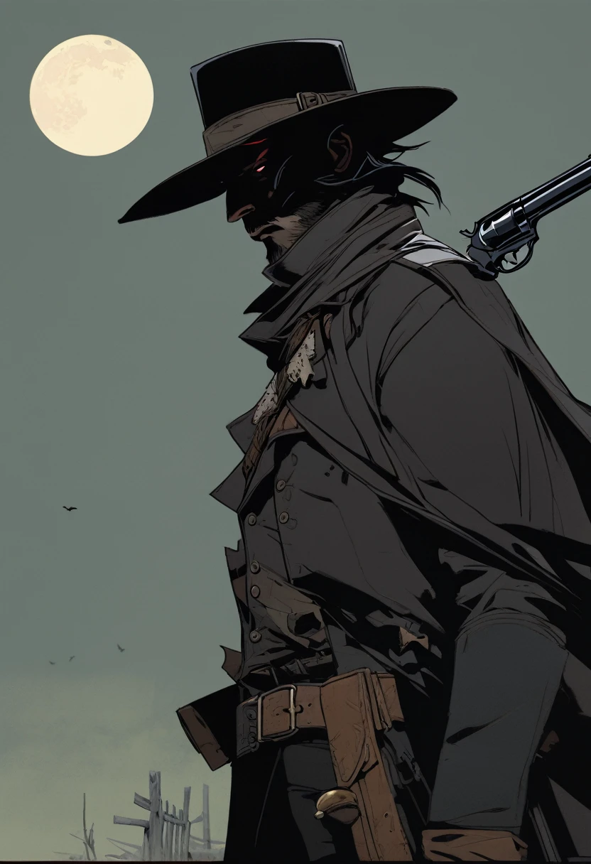 score_9, score_8_up, score_7_up, score_6_up, score_5_up, score_4_up, 1man, Western, Desert, Dark night, Horizon, far away, Wild West, red dead Redemption, cartoon art style, Holstered pistol, ready to draw, black hat, black overcoat, dark, Bandit, old west town, City, bloodborn, Hunter, fromsoftwere, soulslike, Terror, moon, night, black sky, wind, bloodborn hunter hat, Gothic, Victorian, Crows 