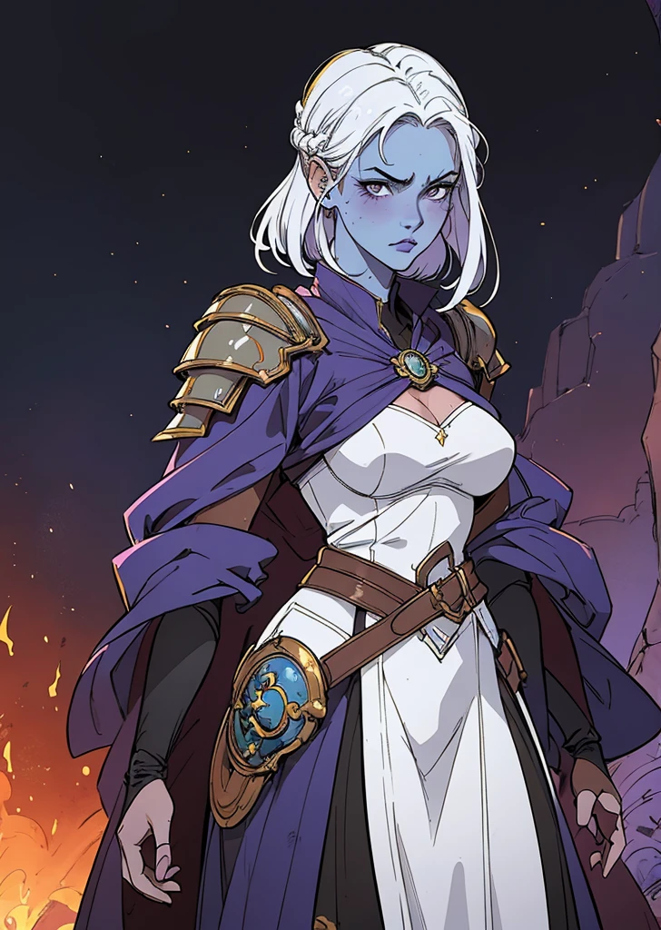 masterpiece:1.2, best quality, ultra detailed, absurdres,, mature woman, (blue_skin), archer, messy white_hair, shoulder length, 1girl, female_focused,, older, serious, confident, under purple_robes over gear, bowman gear, in the style of Kentaro Miura, fantasy, SCI-FI, fire background, medium breasts, breasts out
