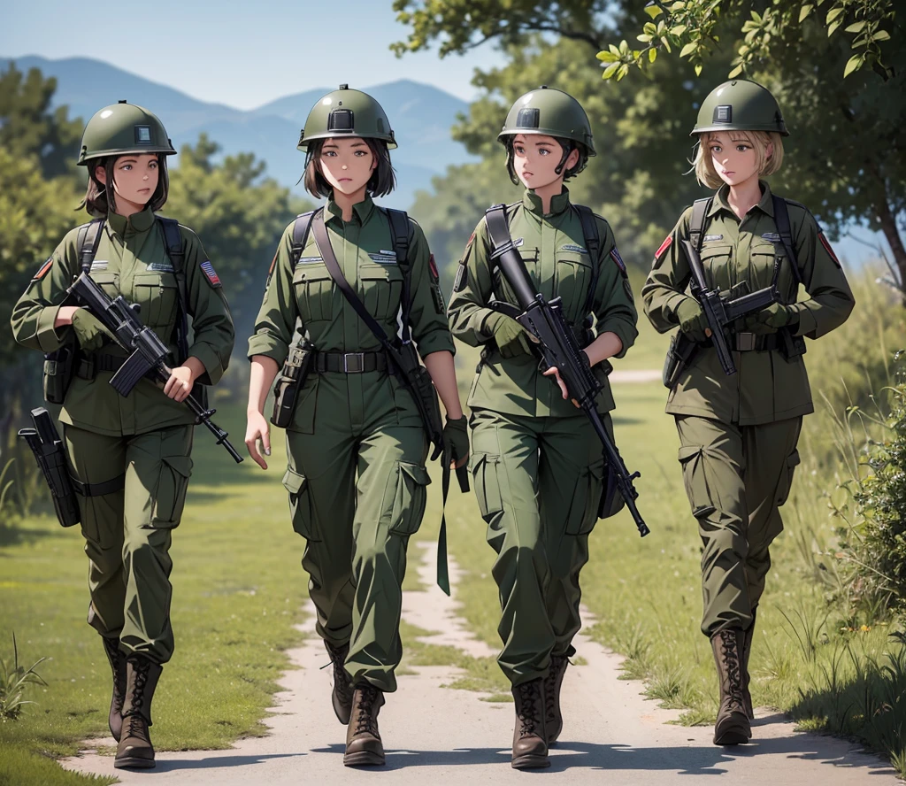 a group of female soldiers wearing bottle-green military uniforms, steel helmets, military pants, individual equipment sets, holding guns on alert, highly detailed information, masterpiece, best quality, extremely detailed CG, 8K