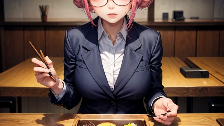 masterpiece, Highest quality, Unreal Engine, Super Resolution, Very detailed,
1. Young and beautiful woman, Glasses, pink hair bun, Waist, thin, Big Breasts, bold, Lips parted, Observe the audience,
Long-established izakaya, Sitting, Eat Yakitori, Waist shot,
Simple background anime style, Key Visual, Office lady in suit, Sticky with sweat,