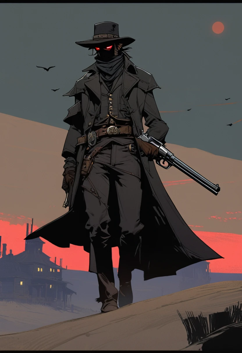 score_9, score_8_up, score_7_up, score_6_up, score_5_up, score_4_up, 1man, Western, Desert, Dark night, Horizon, far away, Wild West, red dead Redemption, cartoon art style, Holstered pistol, ready to draw, black hat, black overcoat, dark, Bandit, old west town, City, bloodborn, Hunter, fromsoftwere, soulslike, Terror, moon, night, black sky, wind, bloodborn hunter hat, Gothic, Victorian, AURA