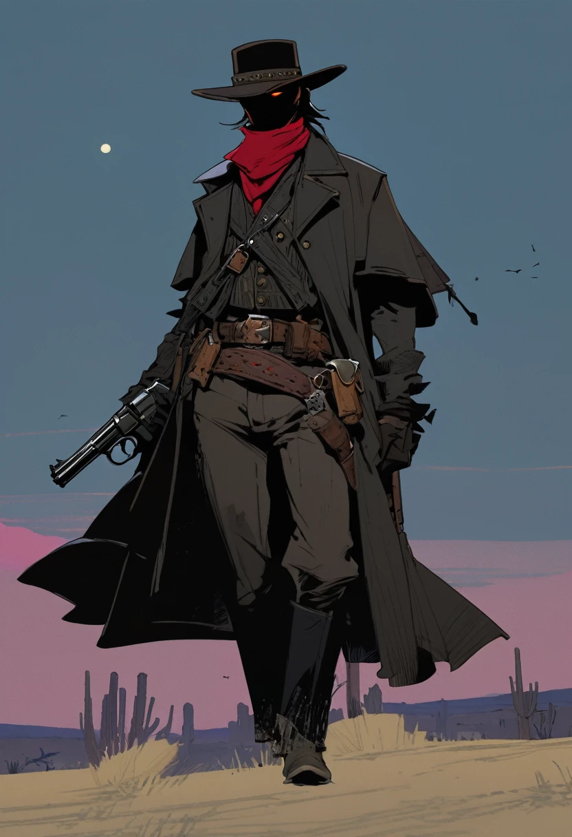 score_9, score_8_up, score_7_up, score_6_up, score_5_up, score_4_up, 1man, Western, Desert, Dark night, Horizon, far away, Wild West, red dead Redemption, cartoon art style, Holstered pistol, ready to draw, black hat, black overcoat, dark, Bandit, old west town, City, bloodborn, Hunter, fromsoftwere, soulslike, Terror, moon, night, black sky, wind, bloodborn hunter hat, Gothic, Victorian, AURA