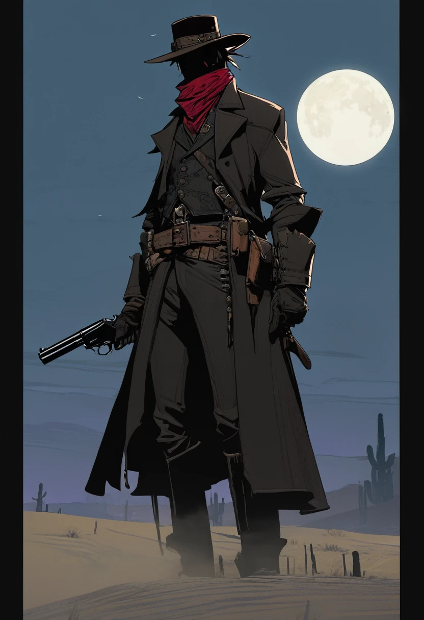 score_9, score_8_up, score_7_up, score_6_up, score_5_up, score_4_up, 1man, Western, Desert, Dark night, Horizon, far away, Wild West, red dead Redemption, cartoon art style, Holstered pistol, ready to draw, black hat, black overcoat, dark, Bandit, old west town, City, bloodborn, Hunter, fromsoftwere, soulslike, Terror, moon, night, black sky, wind, bloodborn hunter hat, Gothic, Victorian, AURA