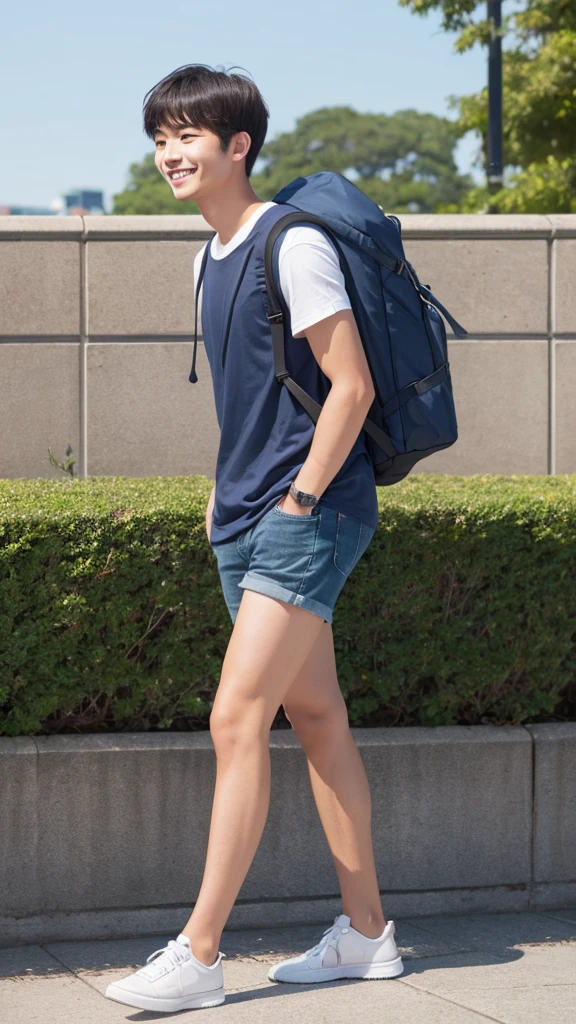 One Man、university student、Short-haired two-block、Navy blue T-shirt、Carrying a backpack、Looking this way and smiling