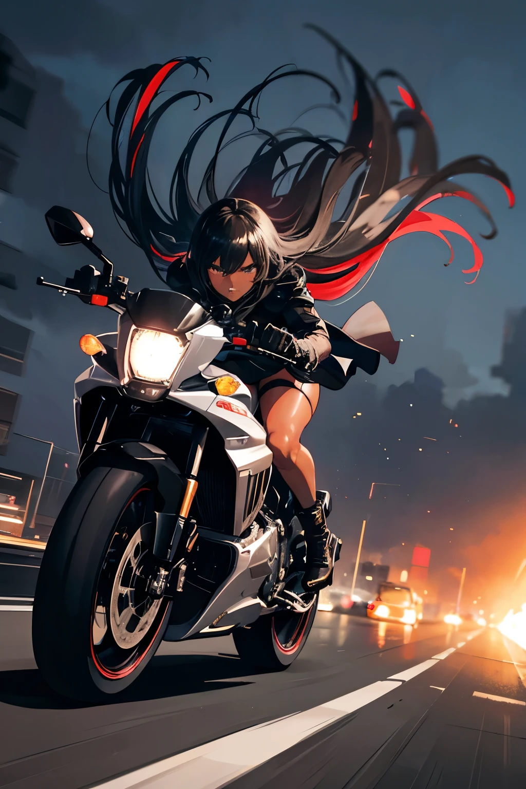 a dark-skinned girl riding a motorcycle, short skirt, long legs, high heels, flowing hair, speed motion blur, dramatic lighting, cinematic, 8k, hyper-realistic, photorealistic, detailed facial features, sharp focus, vibrant colors, dramatic shadows, sense of movement, moody atmosphere, gritty urban setting, detailed background