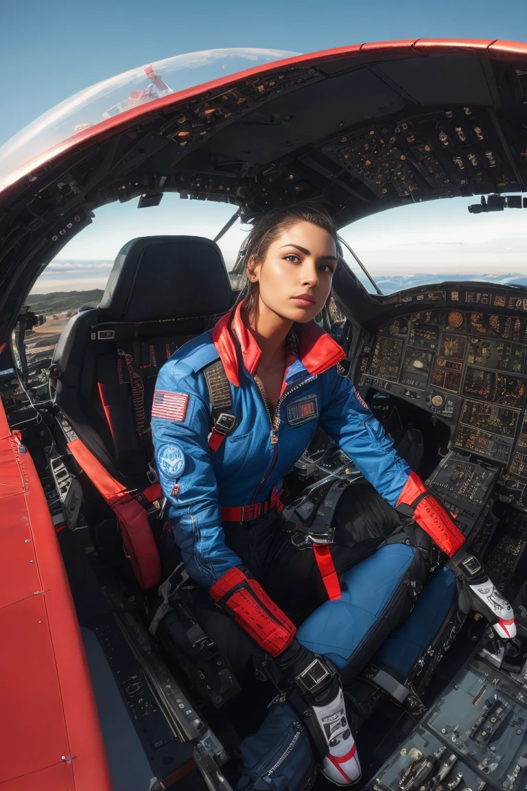 (Extremely detailed 8K wallpaper), superchica sitting tied in a Futuristic cockpit of fighter plane, red and blue Futuristic cockpit of fighter plane, sitting in the black leather pilot&#39;s seat, sitting on the leather seat in the cabin, Futuristic cockpit of fighter plane:1.3, superchica:1.2, tied with carbon fiber rope:1.2, safe, Lots of switches and lights, wide, GOOD:1.2, top rosa sexy, pink crop top:1.2, calm, modern futuristic pink clothing, Complex, Very detailed, and dramatic, cinematic lighting, bright scene, soft lights, big breasts:1.4, NSFW:1.4, fit girl, thin girl, tight pink leather superchica clothes, neckline, spiderman logo:1.4