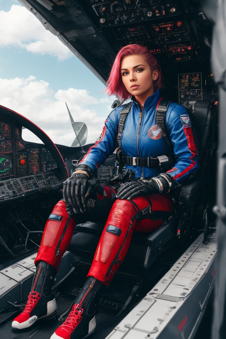 (Extremely detailed 8K wallpaper), superchica sitting tied in a Futuristic cockpit of fighter plane, red and blue Futuristic cockpit of fighter plane, sitting in the black leather pilot&#39;s seat, sitting on the leather seat in the cabin, Futuristic cockpit of fighter plane:1.3, superchica:1.2, tied with carbon fiber rope:1.2, safe, Lots of switches and lights, wide, GOOD:1.2, top rosa sexy, pink crop top:1.2, calm, modern futuristic pink clothing, Complex, Very detailed, and dramatic, cinematic lighting, bright scene, soft lights, big breasts:1.4, NSFW:1.4, fit girl, thin girl, tight pink leather superchica clothes, neckline, spiderman logo:1.4
