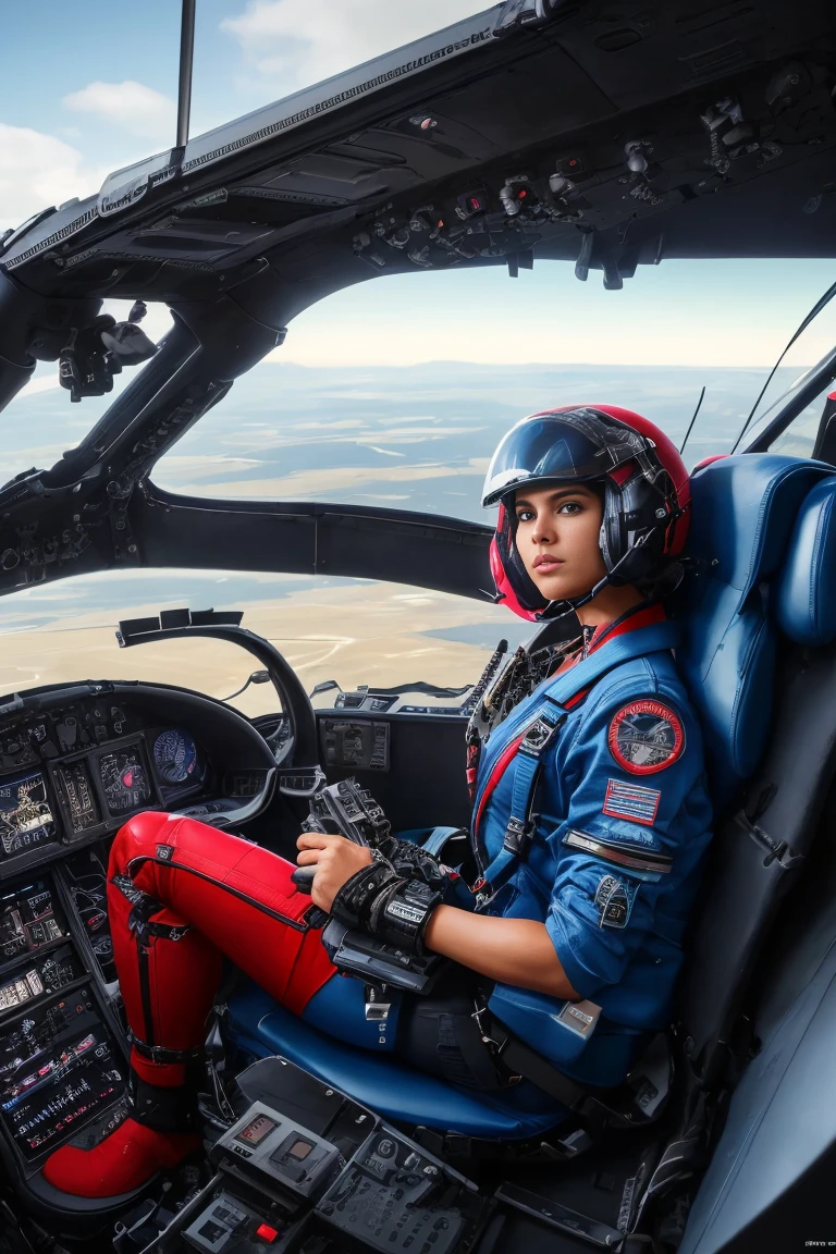 (Extremely detailed 8K wallpaper), superchica sitting tied in a Futuristic cockpit of fighter plane, red and blue Futuristic cockpit of fighter plane, sitting in the black leather pilot's seat, sitting on the leather seat in the cabin, Futuristic cockpit of fighter plane:1.3, superchica:1.2, tied with carbon fiber rope:1.2, safe, Lots of switches and lights, wide, GOOD:1.2, top rosa sexy, pink crop top:1.2, calm, modern futuristic pink clothing, Complex, Very detailed, and dramatic, cinematic lighting, bright scene, soft lights, big breasts:1.4, NSFW:1.4, fit girl, thin girl, tight pink leather superchica clothes, neckline, spiderman logo:1.4