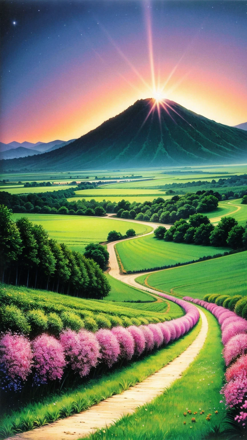 anime-style illustration, A serene landscape featuring a young woman is walking along a path The grassland, litle glowing flowers, fireflies, magical glow, overlooking mountainous valley and the great castle of the kingdom, strong and clear blue sky with few stars, early morning dark. art style: highly saturated and vibrant style, intense and rich colors vivid. rendered with strong exaggerated colors that enhance the natural beauty.