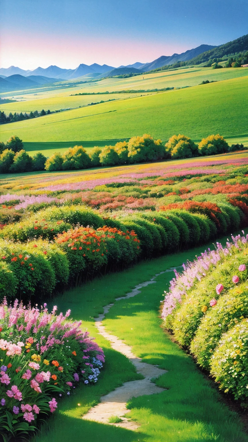anime-style illustration, A serene landscape featuring a young woman is walking along a path The grassland, litle glowing flowers, fireflies, magical glow, overlooking mountainous valley and the great castle of the kingdom, strong and clear blue sky with few stars, early morning dark. art style: highly saturated and vibrant style, intense and rich colors vivid. rendered with strong exaggerated colors that enhance the natural beauty.