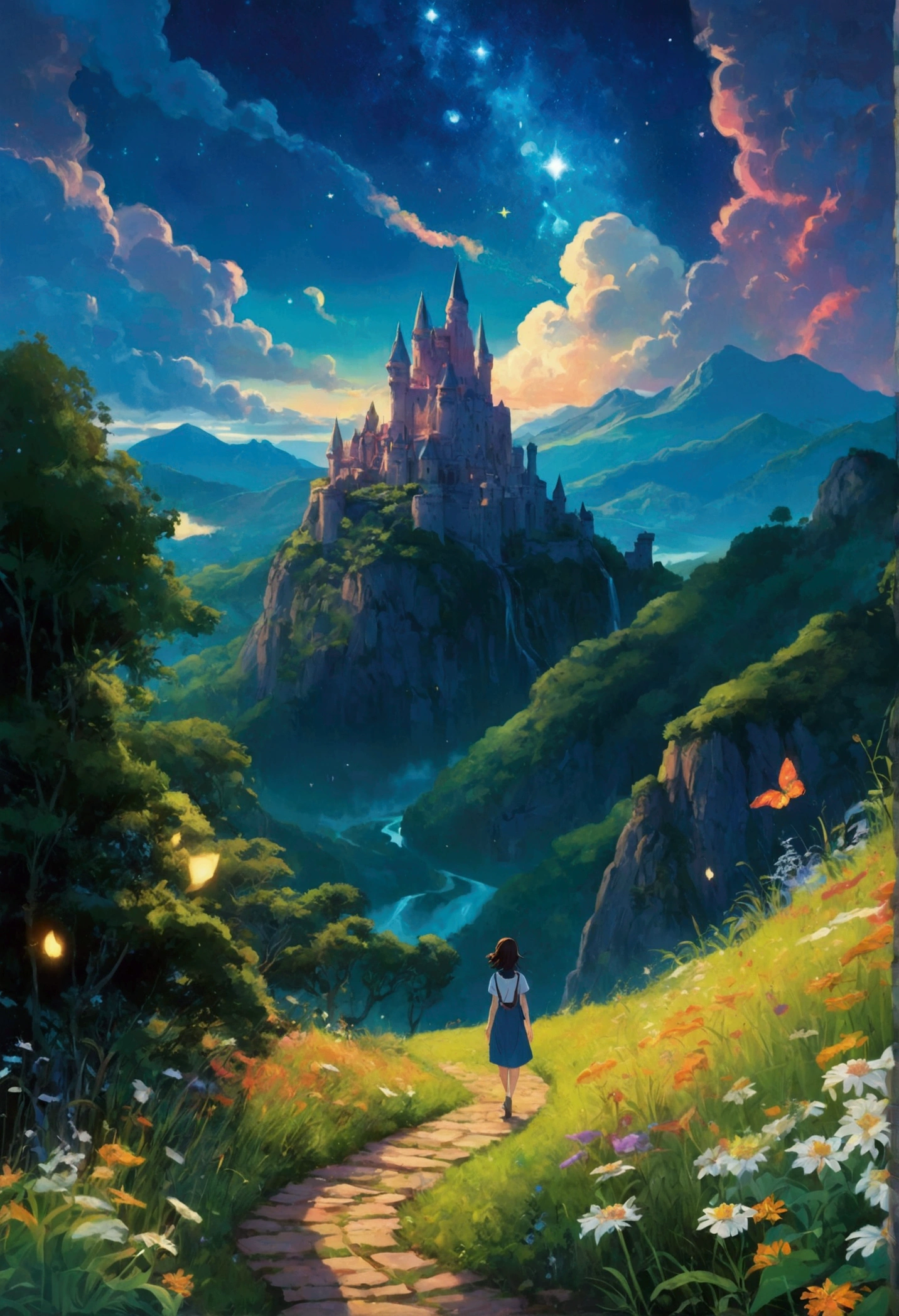 anime-style illustration, A serene landscape featuring a young woman standing on a path, overlooking terraced mountainous valley and a magnificent super mega castle. The scene is depicted in a highly saturated and vibrant style, intense and rich colors vivid. The lush greenery, cascading hills, rendered with strong exaggerated colors that enhance the natural beauty. The sky above is clear blue sky with few clouds and distant mountain peaks. She is walking along a path illuminated by stars, creating a magical glow. The grassland is filled with glowing flowers, fireflies, and distant mountains under the night sky.