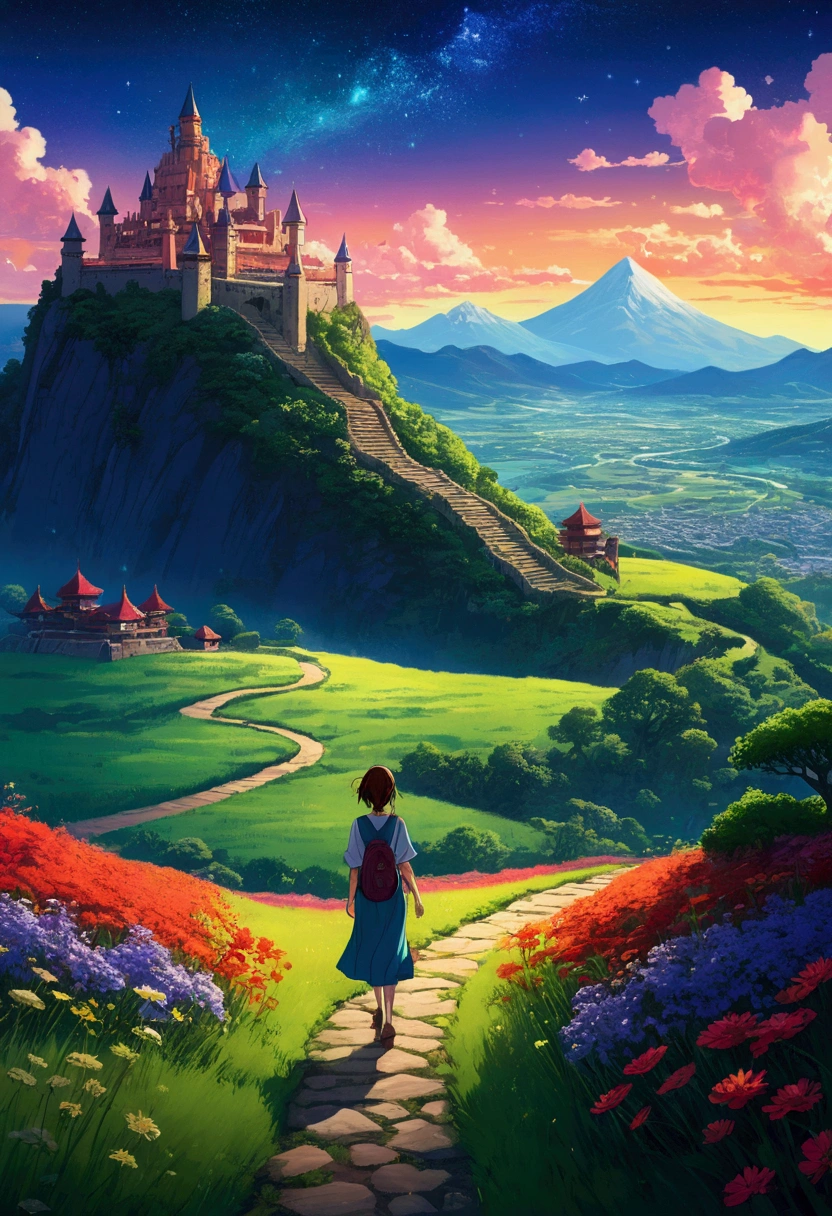 anime-style illustration, A serene landscape featuring a young woman standing on a path, overlooking terraced mountainous valley and a magnificent super mega castle. The scene is depicted in a highly saturated and vibrant style, intense and rich colors vivid. The lush greenery, cascading hills, rendered with strong exaggerated colors that enhance the natural beauty. The sky above is clear blue sky with few clouds and distant mountain peaks. She is walking along a path illuminated by stars, creating a magical glow. The grassland is filled with glowing flowers, fireflies, and distant mountains under the night sky.