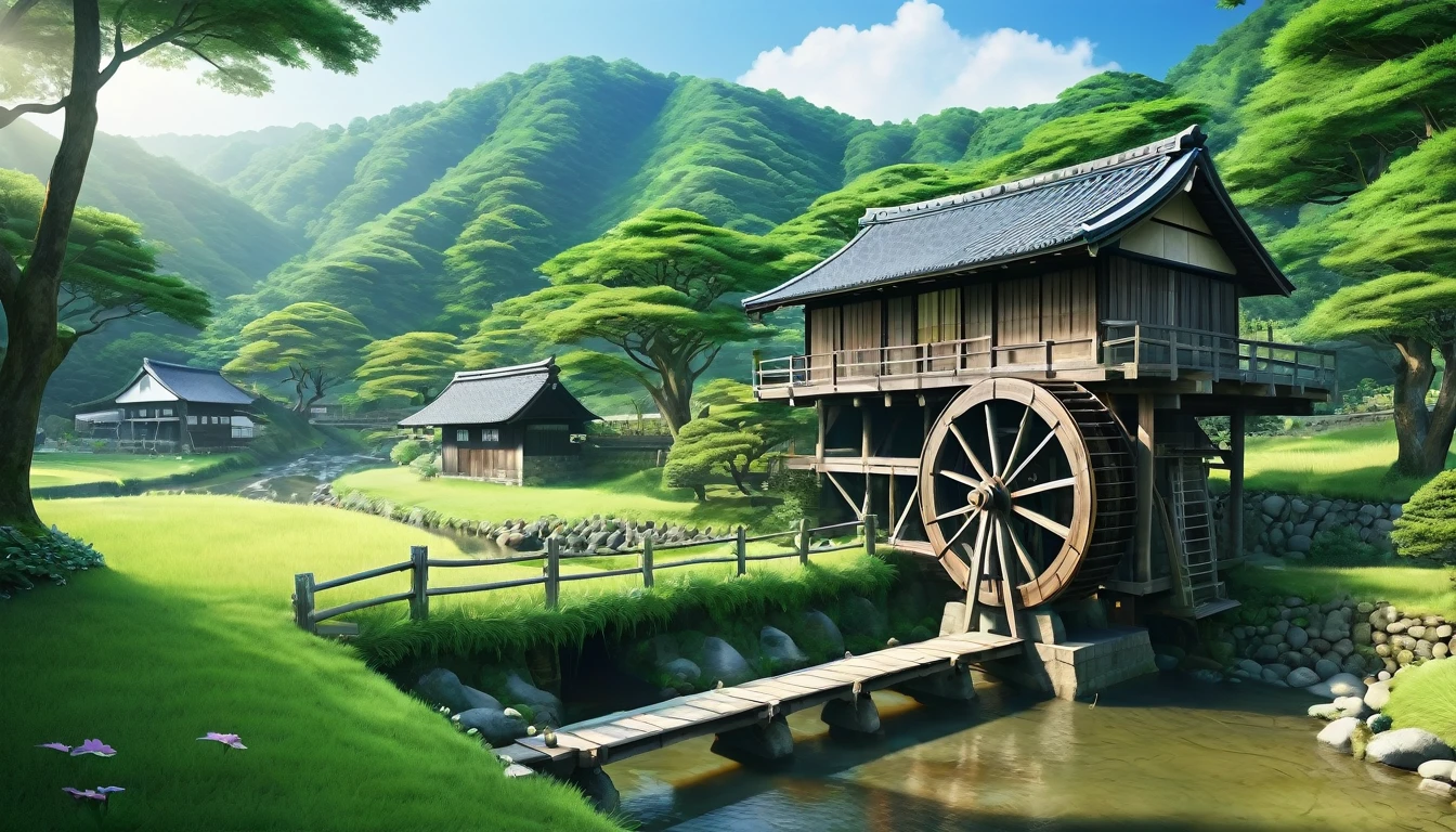 Depth of written boundary、Photorealistic、beautiful、Landscape with a waterwheel、rural、Japan、