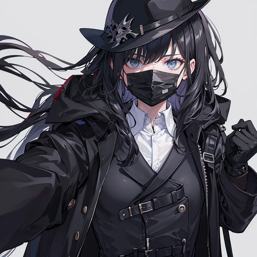 a serial killer with black trench coat, black gloves, a full head mask