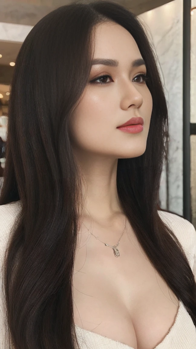 From below, full body shot of a gorgeous Indonesian woman black messy hair, age 25, nice hair style, she's a men magazine model, She has a subtle smile and stare with the camera, (she’s in the mall and crowd of people ), (she’s wears a blouse, cleavage), perfect eyes, perfect hands, perfect body, ((perfect hair)), perfect breast, crossing arms, hair behind ear, UHD, retina, masterpiece, accurate, anatomically correct, textured skin, super detail, high details, high quality, award winning, best quality, highres, 16k, 8k, cinematic lighting