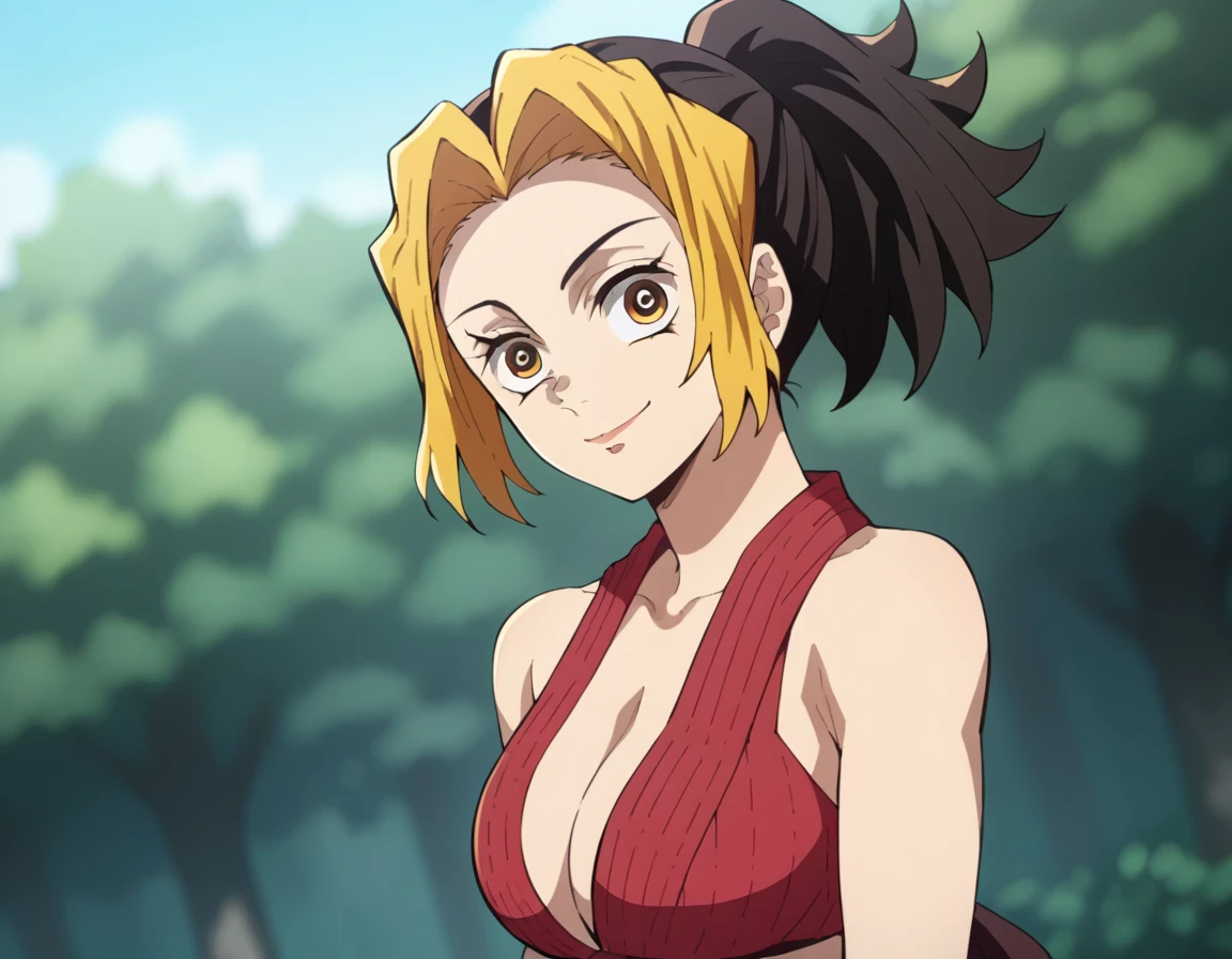 score_9, score_8_up, score_7_up, source_anime,
knymakio, makio, blonde hair, black hair, brown eyes, yellow eyes, ponytail, multicolored hair, two-tone hair,
bikini , smile big breasts ,
solo, looking at viewer, cowboy shot, dutch angle,