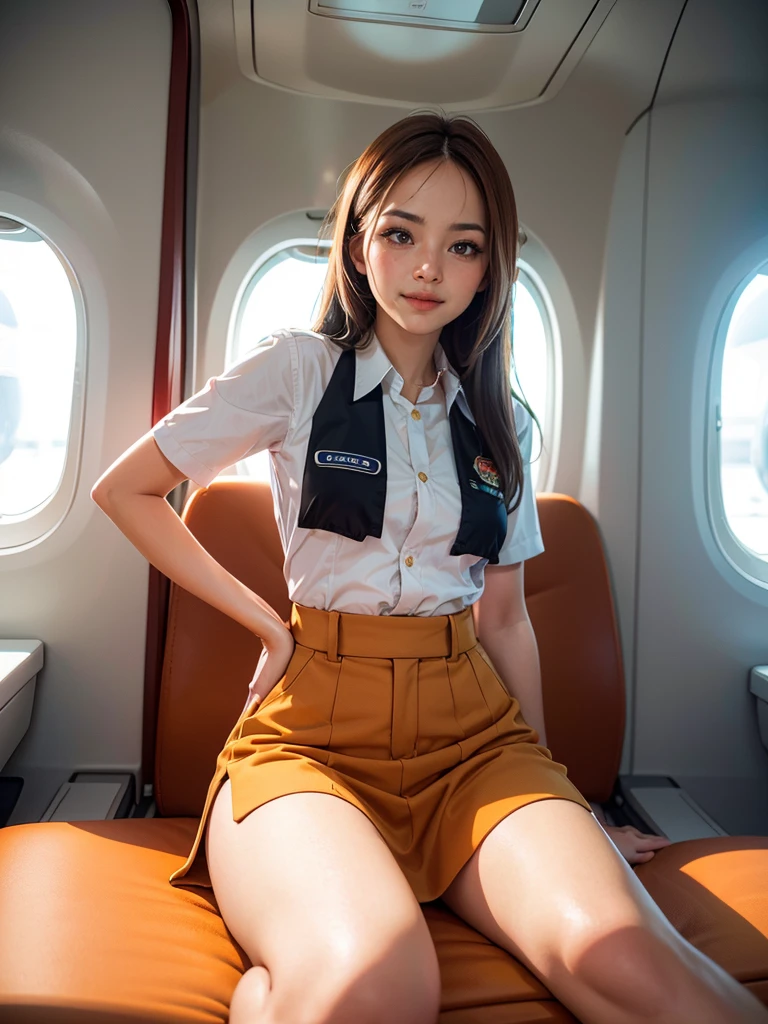 masterpiece,best quality,ultra detailed,8K,super fine illustration,highly detailed beautiful face and eyes,perfect anatomy,professional lighting,1 flight attendant,microskirt and boots uniform,orange and pink dress,smile,airplane interior,dynamic angle,depth of field,chromatic_aberration,masterpiece,best quality,very aesthetic,absurdres,newest,