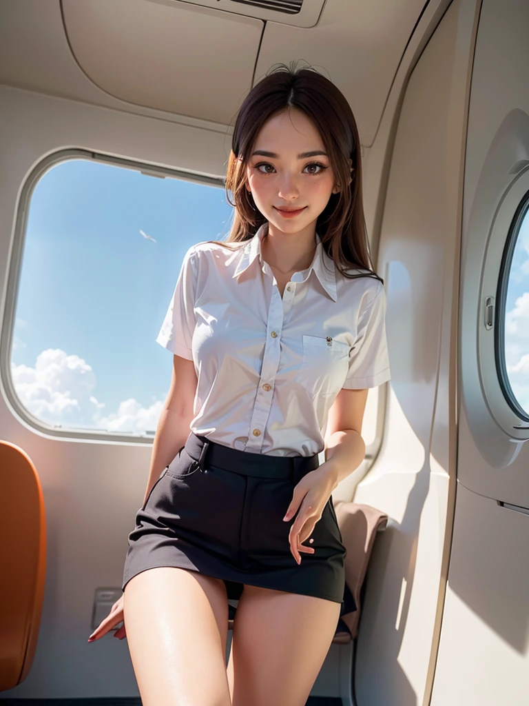 masterpiece,best quality,ultra detailed,8K,super fine illustration,highly detailed beautiful face and eyes,perfect anatomy,professional lighting,1 flight attendant,microskirt and boots uniform,orange and pink dress,smile,airplane interior,dynamic angle,depth of field,chromatic_aberration,masterpiece,best quality,very aesthetic,absurdres,newest,