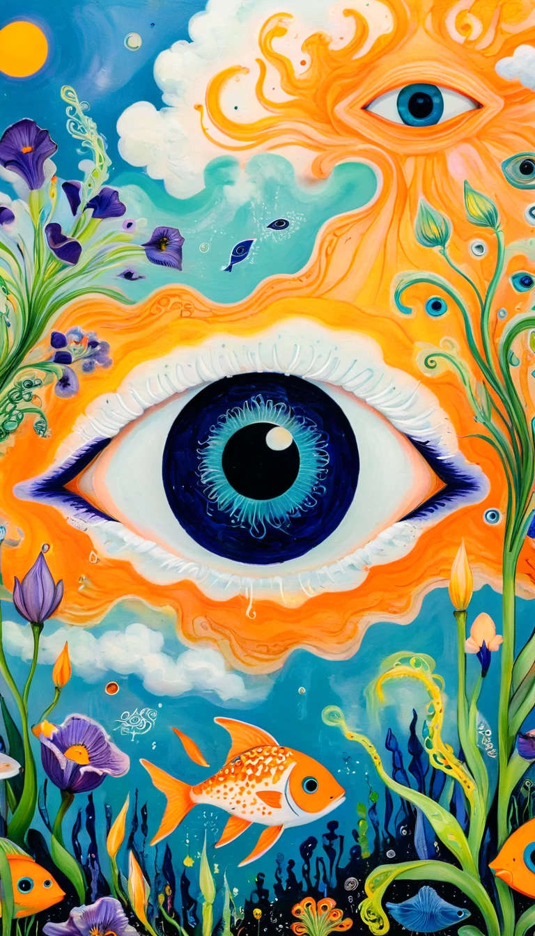 Children's graffiti,Oil pastel strokes:A cloud,、iris、fish、Tentacles、bird、Eye、diatom,Abstract mosaic painting,Describing the inner world of autistic people,Sense of space,White Space,interesting,Innocence,Psychedelic Art,Orange overall