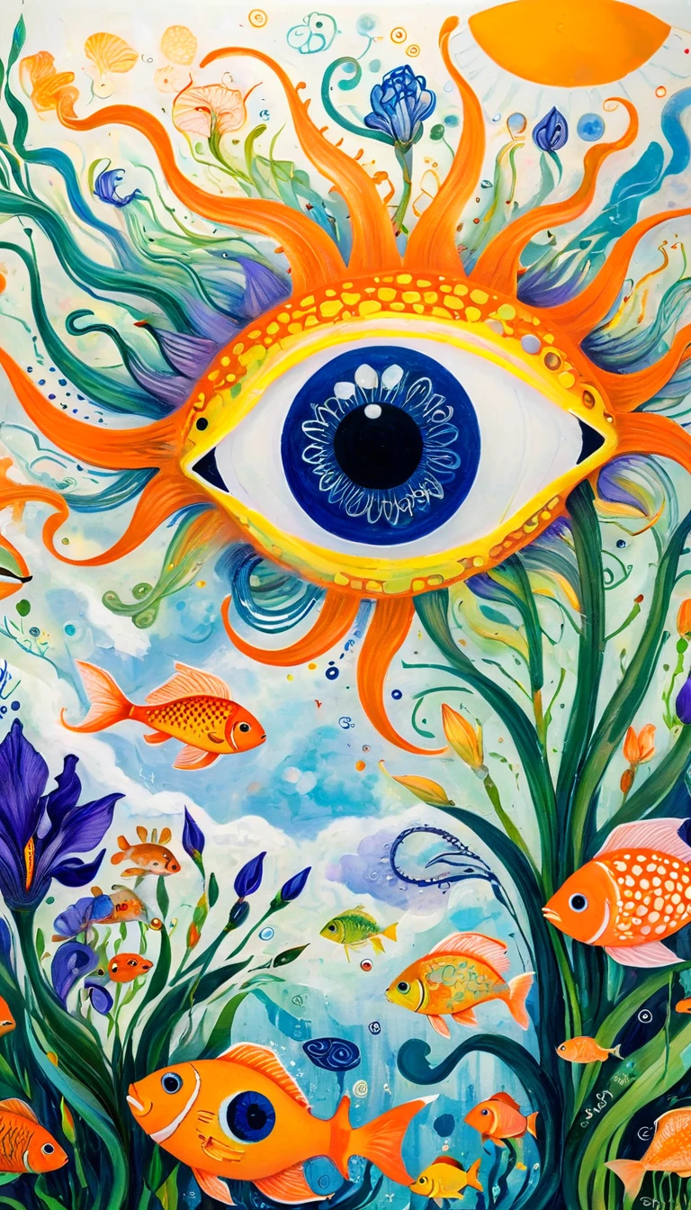 Children's graffiti,Oil pastel strokes:A cloud,、iris、fish、Tentacles、bird、Eye、diatom,Abstract mosaic painting,Describing the inner world of autistic people,Sense of space,White Space,interesting,Innocence,Psychedelic Art,Orange overall