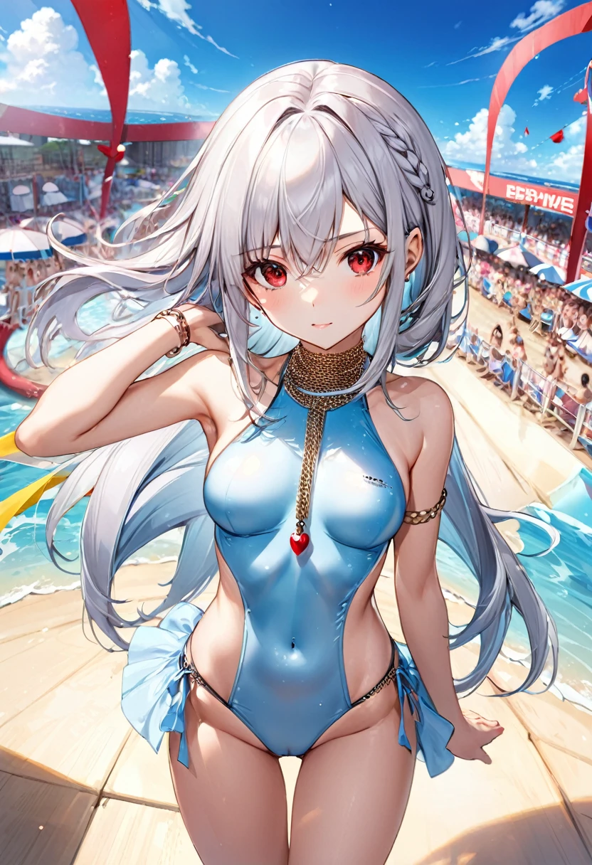 (pov Swimwear style) (beautiful body), (solo:2, 16 yo, hime cut silver hair hair long hair divine fighter girl, cool red eyes, serious make up face, medium tits), (in a Crystalline:1.3 detailed exporsher one piece Layered Dress swimsuit, detailed sequin body chain), break, in the summer Swimsuit contest show venue, background beautiful ocean, BREAK, perfect anatomy, masterpiece, best quality, 16k, beautiful detailed love, sexy, daydreaming expression.