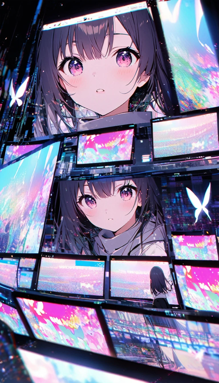 Butterflies flying from the screen、Multiple Screens、Digital Noise