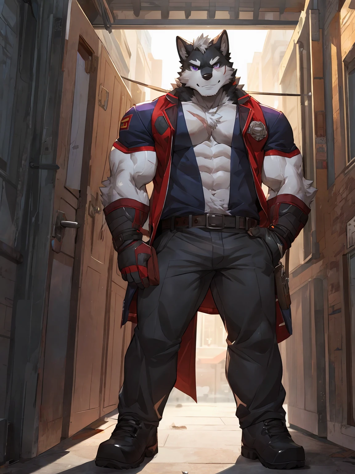 embedding:black wolf, male,purple eyes,Scar on the face, scar on the body,Single person,deliveryman,Standing outside the door,In the corridors,Robust,Contempt,With the express box in his hand,The highest quality of scene detail,adult,Tall and powerful,muscle,Best quality hands, best quality eye,detailed fur,Delicate eyes.Extreme picture quality,by sollyz,by zixiong,by milkytiger1145