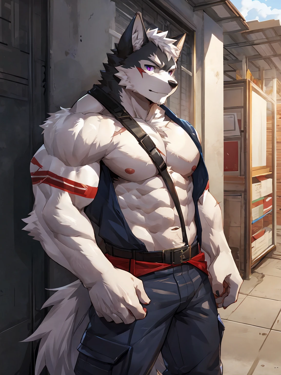 embedding:black wolf, male,purple eyes,Scar on the face, scar on the body,Single person,deliveryman,Standing outside the door,In the corridors,Robust,Contempt,With the express box in his hand,The highest quality of scene detail,adult,Tall and powerful,muscle,Best quality hands, best quality eye,detailed fur,Delicate eyes.Extreme picture quality,by sollyz,by zixiong,by milkytiger1145
