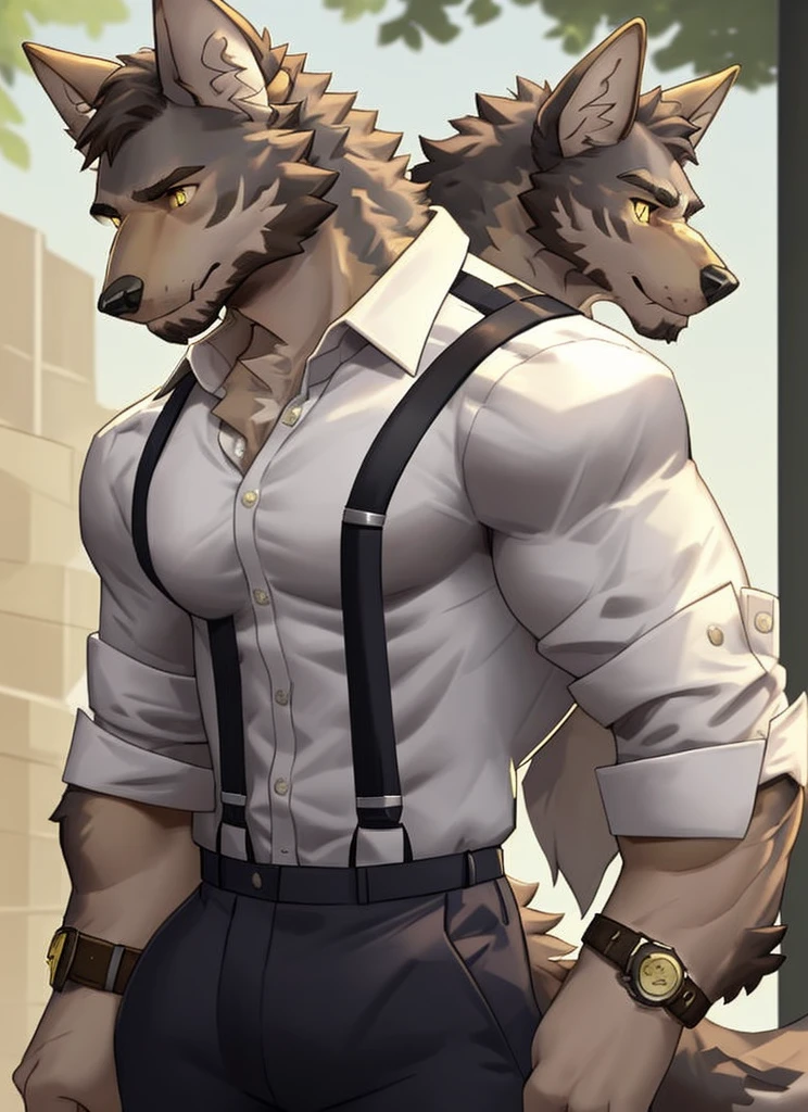 william adler, solo, shirt, 1boy, white shirt, upper body, female focus, collared shirt, pants, looking to the side, suspenders, pectorals, sleeves rolled up, watch, wristwatch, wolf ears, beard, yellow eyes, detailed eyes