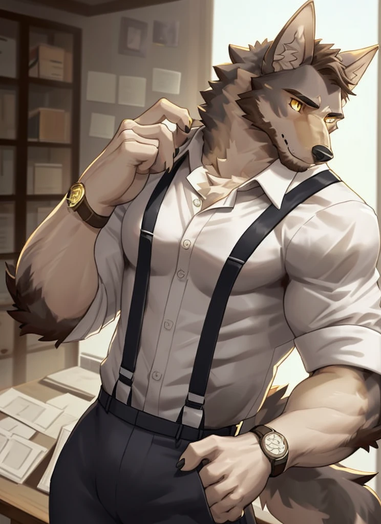 william adler, solo, shirt, 1boy, white shirt, upper body, female focus, collared shirt, pants, looking to the side, suspenders, pectorals, sleeves rolled up, watch, wristwatch, wolf ears, beard, yellow eyes, detailed eyes