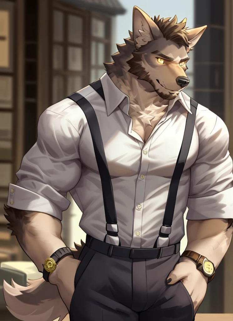 william adler, solo, shirt, 1boy, white shirt, upper body, female focus, collared shirt, pants, looking to the side, suspenders, pectorals, sleeves rolled up, watch, wristwatch, wolf ears, beard, yellow eyes, detailed eyes