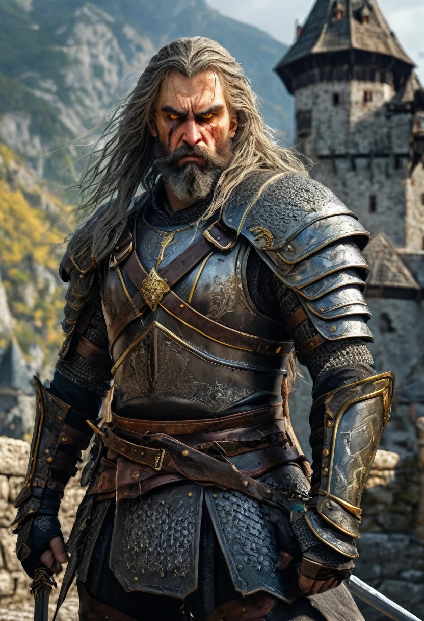 Image of a man who is a witcher , long hairs and beard , cat eye , yellow eyes, man with angry expression , man covered with armour , 2 swords on the back ,man inside castle , mountain scenery ,