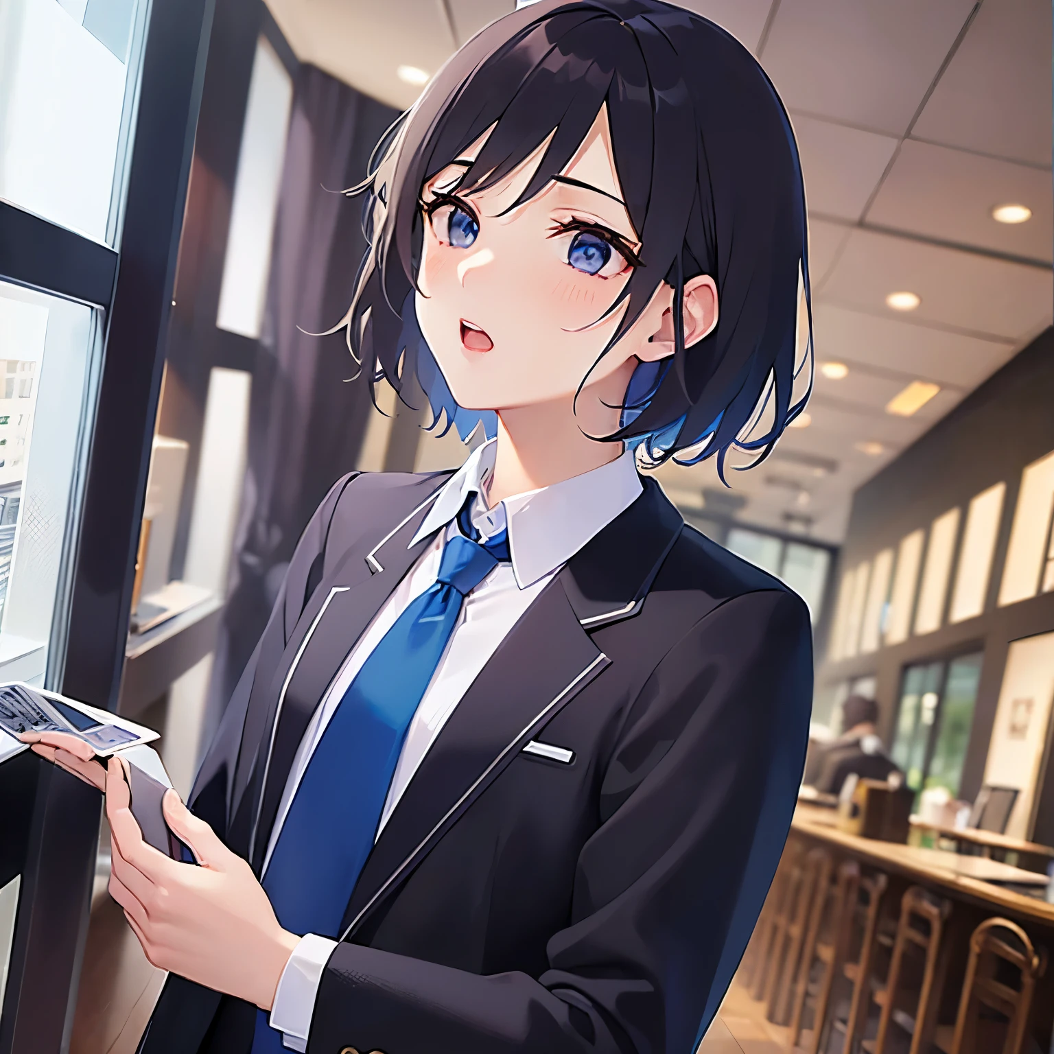 (looking away:1.5),upper body、
shiny skin, masterpiece、Highest quality、(25-year-old male:1.5) and (Black short hair) and (blue eyes)
(Wearing a suit:1.5) and (Blue tie)、
The hotel lobby in the background、(blush:1.4)、Panic、open mouth