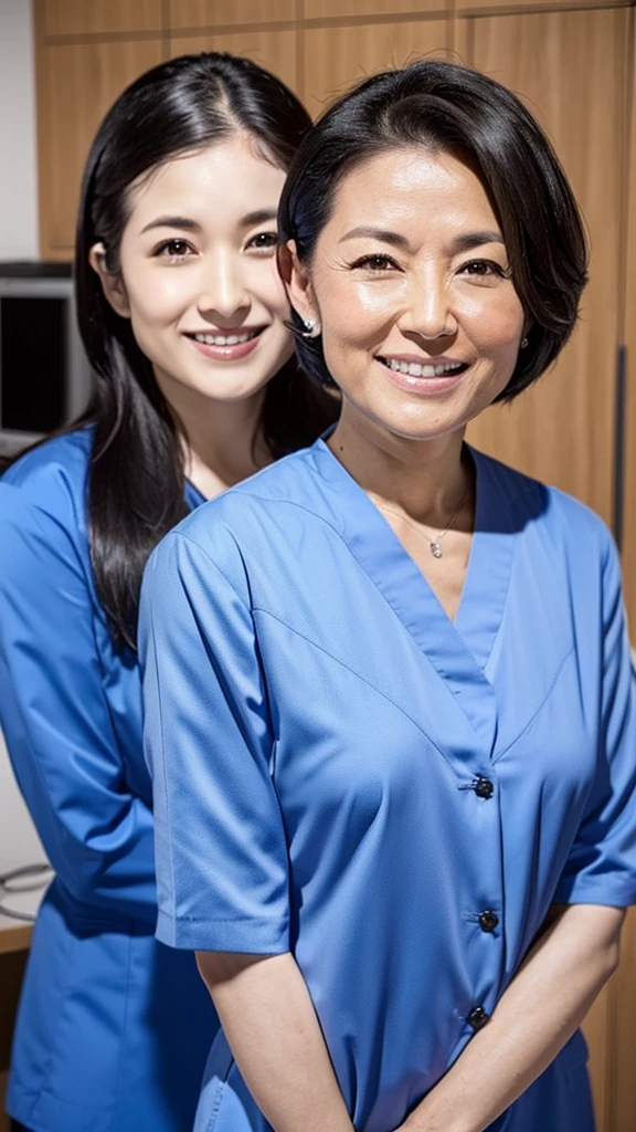 Dental hygienist, two women, wearing blue medical scrubs, Japanese, black hair, women in their 50s Upper body close-up smile Photo shoot at the clinic Harmony々 Highest quality