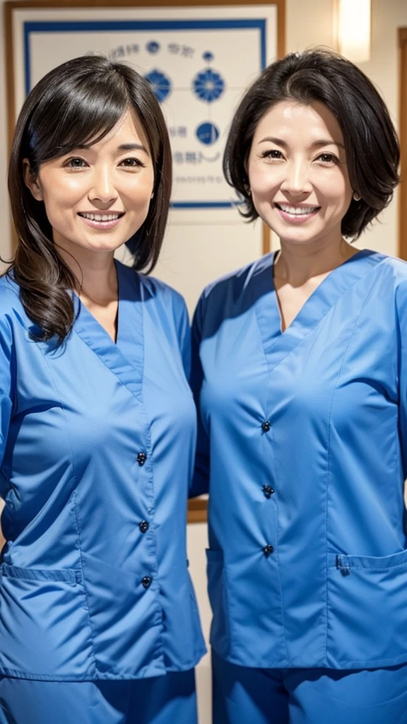 Dental hygienist, two women, wearing blue medical scrubs, Japanese, black hair, women in their 50s　Upper body close-up　smile　Photo shoot at the clinic　Harmony々　Highest quality