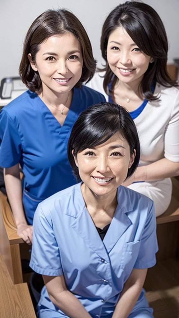 Dental hygienist, two women, wearing blue medical scrubs, Japanese, black hair, women in their 50s Upper body close-up smile Photo shoot at the clinic Harmony々 Highest quality
