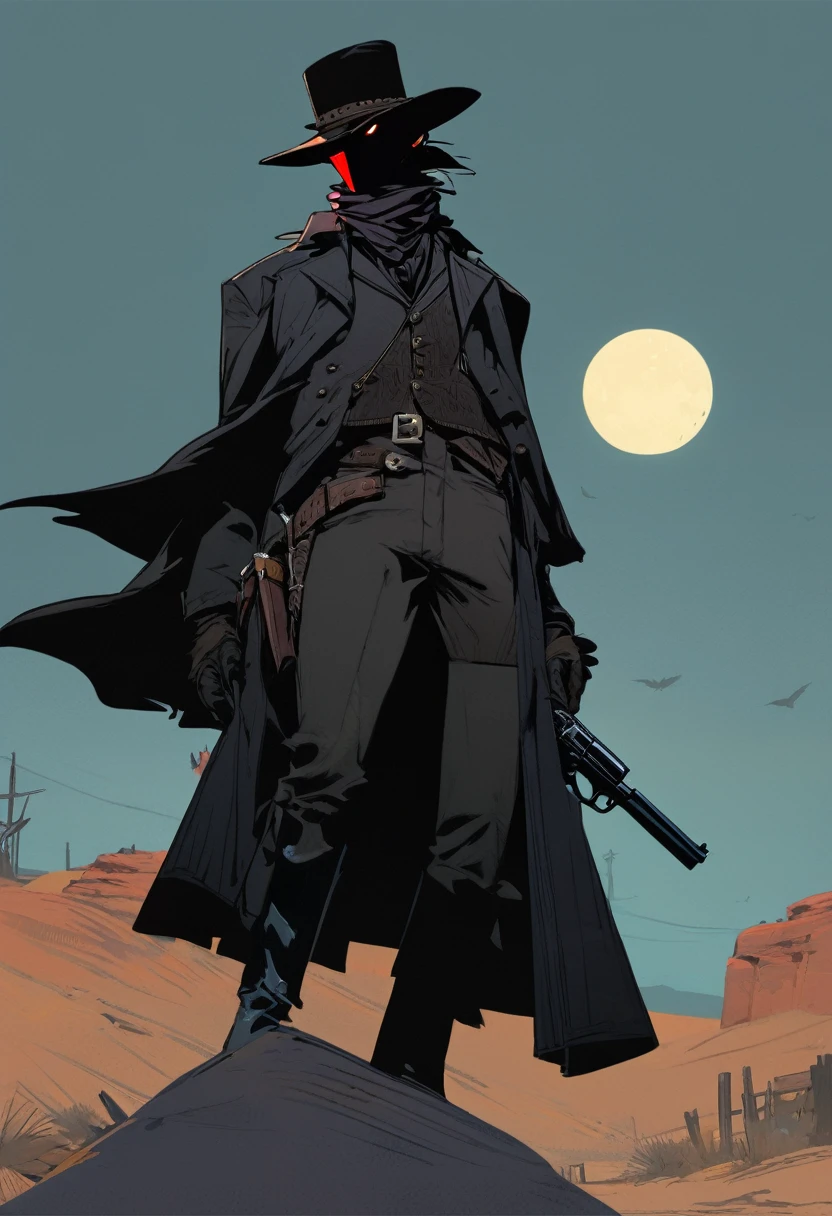 score_9, score_8_up, score_7_up, score_6_up, score_5_up, score_4_up, 1man, Western, Desert, Dark night, Horizon, far away, Wild West, red dead Redemption, cartoon art style, Holstered pistol, ready to draw, black hat, black overcoat, dark, Bandit, old west town, City, bloodborn, Hunter, fromsoftwere, soulslike, Terror, moon, night, black sky, wind, bloodborn hunter hat, Gothic, Victorian, Crows 