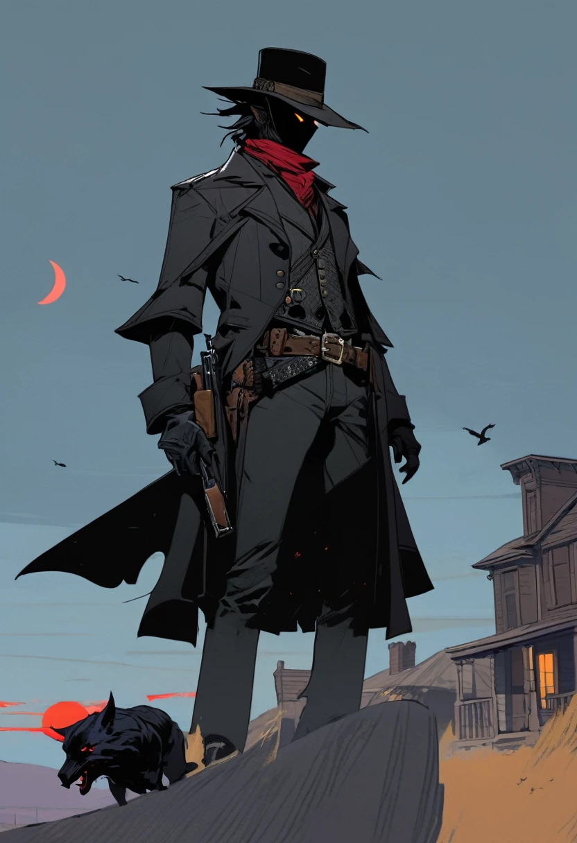 score_9, score_8_up, score_7_up, score_6_up, score_5_up, score_4_up, 1man, Western, Desert, Dark night, Horizon, far away, Wild West, red dead Redemption, cartoon art style, Holstered pistol, ready to draw, black hat, black overcoat, dark, Bandit, old west town, City, bloodborn, Hunter, fromsoftwere, soulslike, Terror, moon, night, black sky, wind, bloodborn hunter hat, Gothic, Victorian, Crows 