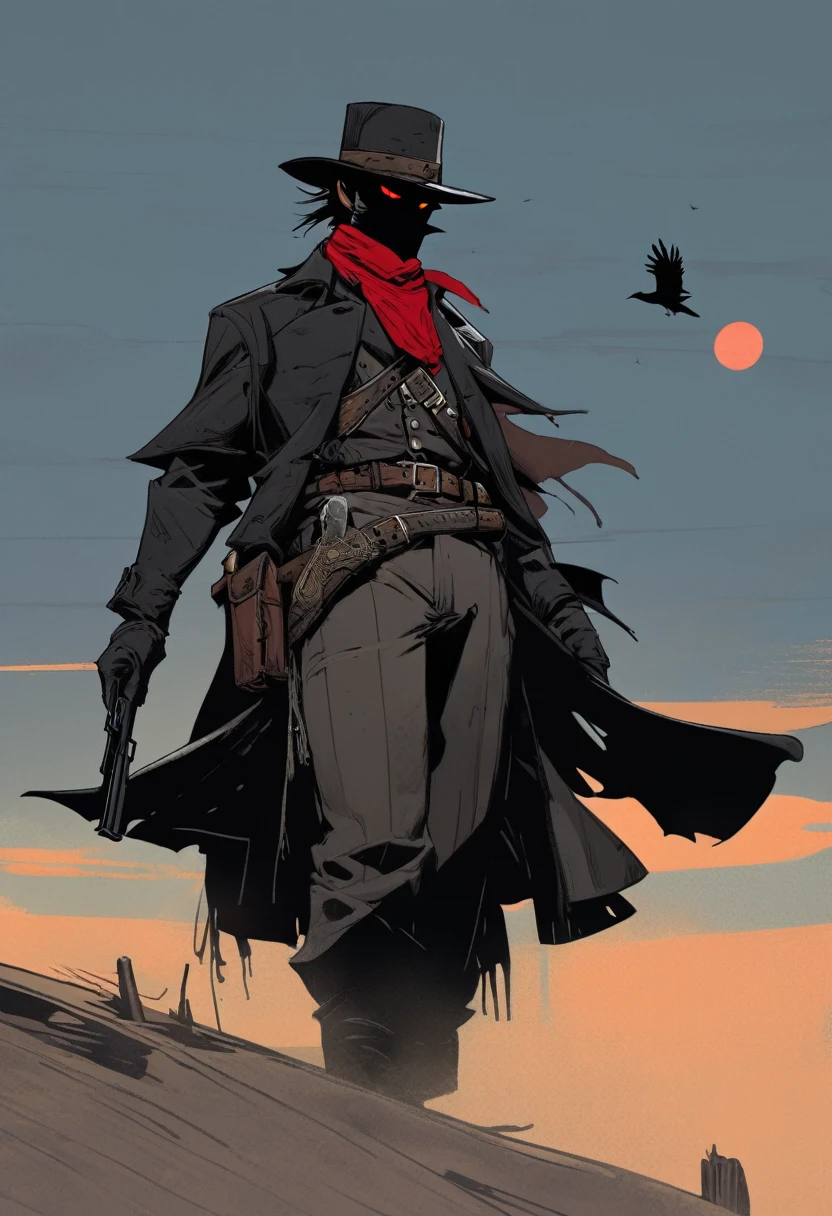 score_9, score_8_up, score_7_up, score_6_up, score_5_up, score_4_up, 1man, Western, Desert, Dark night, Horizon, far away, Wild West, red dead Redemption, cartoon art style, Holstered pistol, ready to draw, black hat, black overcoat, dark, Bandit, old west town, City, bloodborn, Hunter, fromsoftwere, soulslike, Terror, moon, night, black sky, wind, bloodborn hunter hat, Gothic, Victorian, Crows 